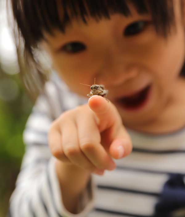 Child with good eyesight enjoying a small bug